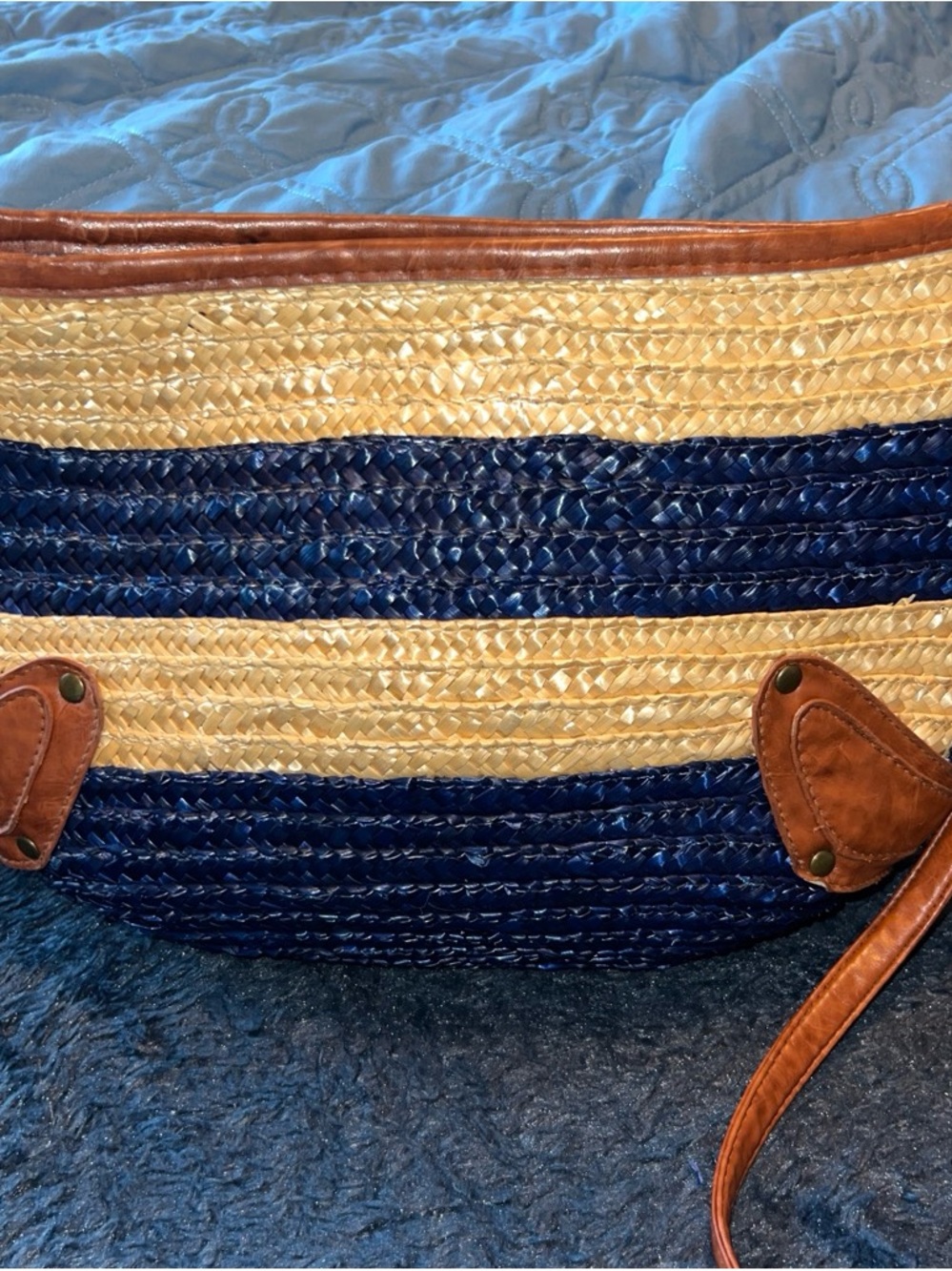 Striped Straw Tote Bag with Leather Trim - Navy & Natural